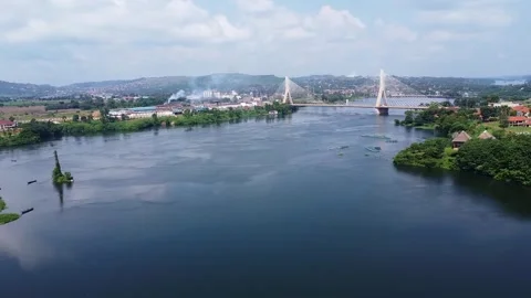A Panoramic View of Jinja, Uganda, Featuring the Nile River and the Cable Bridge Stock Footage 314473591