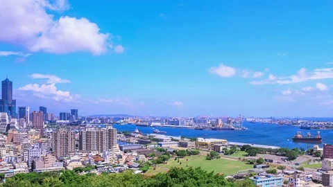 Panoramic View of Kaohsiung City and Harbor under Blue Sky Stock-Footage 205014553