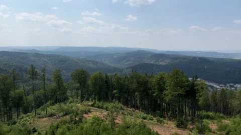Panoramic view of Karlovy Vary and Diana Tower from Goethe Lookout Tower Stock Footage 246972766