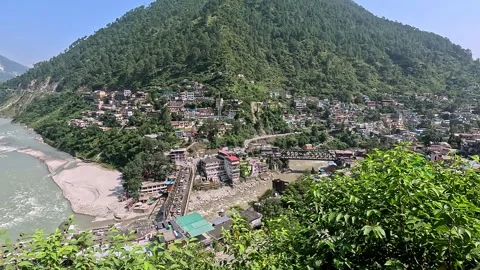 Panoramic View of Karnaprayag Town and River Confluence in Uttarakhand Stock Footage 312212919