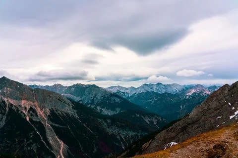 Panoramic view from Karwendel summit to the Tyrolean Alps. Stock Photos