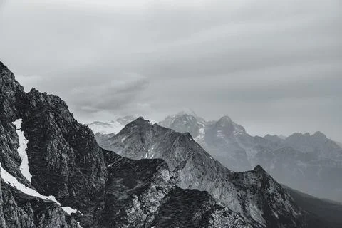 Panoramic view from Karwendel summit to the Tyrolean Alps. Stock Photos