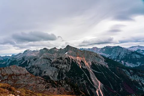 Panoramic view from Karwendel summit to the Tyrolean Alps. Stock Photos