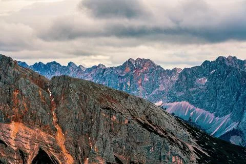 Panoramic view from Karwendel summit to the Tyrolean Alps. Stock Photos