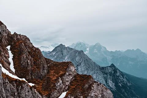 Panoramic view from Karwendel summit to the Tyrolean Alps. Stock Photos