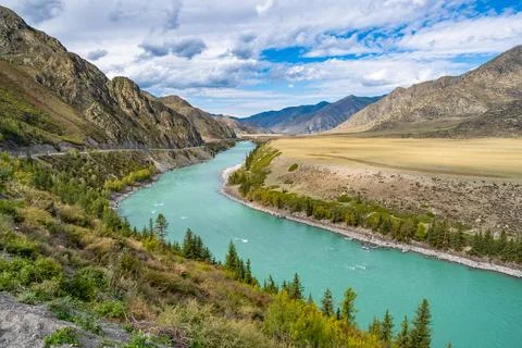 Panoramic view of the Katun river and Altai mountains. Altai Republic, Sibe.. Stock Photos