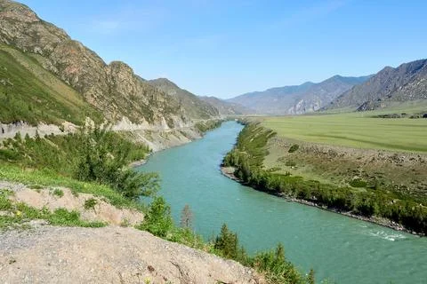 Panoramic view of the Katun River valley. Stock Photos
