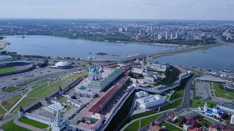 Panoramic view of the Kazan Kremlin. Kazan, Russia, From Dron Stock Footage