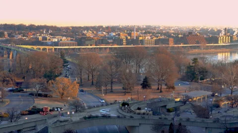 Panoramic view on Key bridge and Washington DC at winter morning Stock Footage