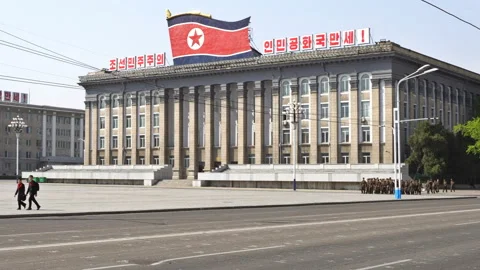 Panoramic view of Kim Il-sung Square and the National Library Video stock 118655352