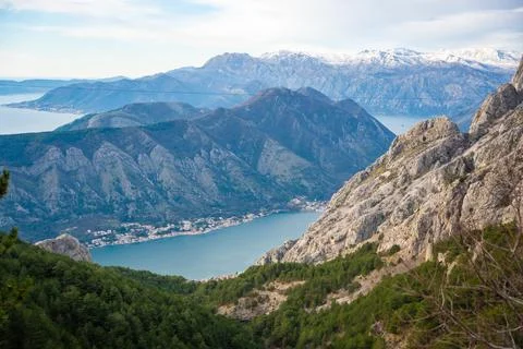 Panoramic view of Kotor Bay Boca and mountains from mountain view point in Stock Photos