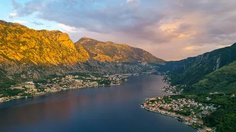 Panoramic view on Kotor, Montenegro at sunset Stock Photos