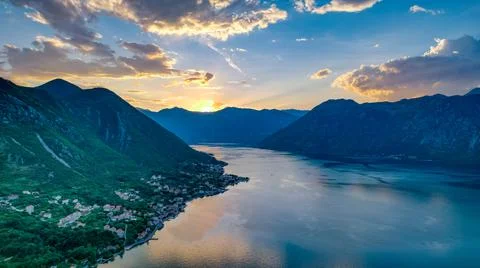 Panoramic view on Kotor, Montenegro at sunset Stock Photos