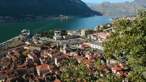 Panoramic view of Kotor Old town from its city walls, Kotor Bay, Montenegro. Stockbeeldmateriaal 293488243