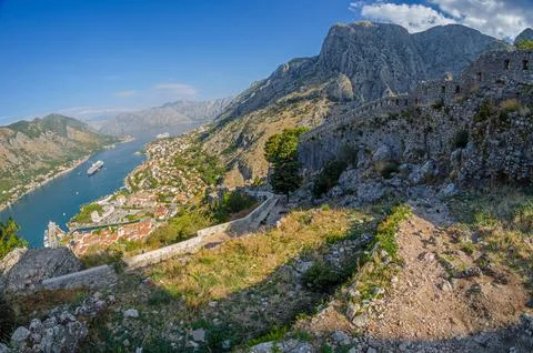 Panoramic view of Kotor old town and Kotor bay in Montenegro Stock Photos