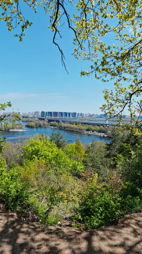 Panoramic View Of Kyiv City With Dnieper River And Spring Forest Video stock 341949575