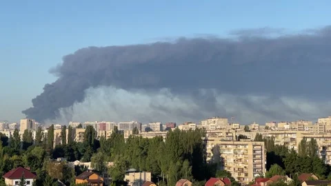 Panoramic view of Kyiv skyline with heavy black smoke after air attacks Stock Footage 344009694