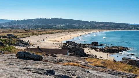 Panoramic view of La Lanzada beach on the El Grove peninsula, Pontevedra, Gal Stock Photos