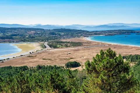Panoramic view of La Lanzada beach on the El Grove peninsula, Pontevedra, Gal Stock Photos