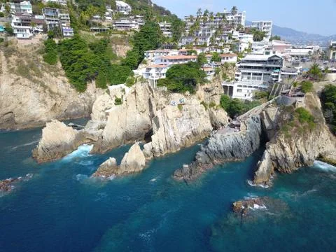 Panoramic view of La Quebrada in Acapulco taken with a drone Stock Photos