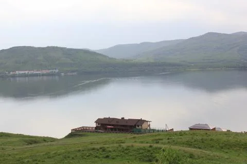 Panoramic view. A lagoon with a clean mountain lake in the midst of majestic Stock-Fotos