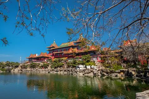 Panoramic view of the lake and surrounding pavilions of Sanxianshan area in.. Stock Photos