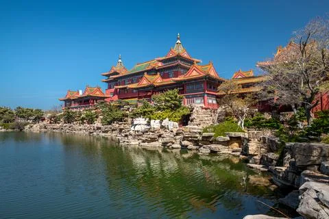 Panoramic view of the lake and surrounding pavilions of Sanxianshan area in.. Stock Photos