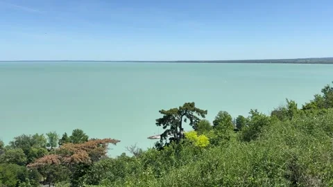 Panoramic view of Lake Balaton from Tihany peninsula with vast water and sky. Th Stock Footage 337534401