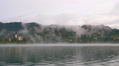 Panoramic view of lake Bled and Bled island with Pilgrimage Church of the Stock Footage 152506537