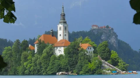 Panoramic view from Lake Bled, beauty heritage in Slovenia. Stock Footage 303068804