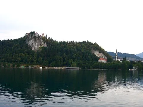 Panoramic view of Lake Bled with castle in background Stock Photos