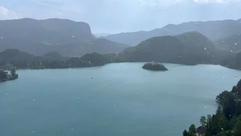 Panoramic view of Lake Bled with island and mountain landscape in Slovenia. The  Stock Footage 339012417