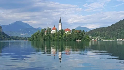 Panoramic view of Lake Bled island church in Slovenia Stock Footage 340457126