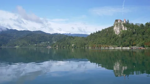 Panoramic view of lake Bled landscape with view to the Castle of Bled and Church Stock-Footage 148007181