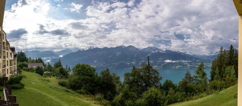 The panoramic view of Lake Brienzersee with Swiss Alp from Balcony. Stock Photos