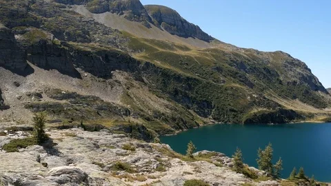 Panoramic view of lake Colombo basin and dam on the Bergamo Alps. Stock Footage 79654918