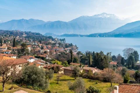 Panoramic view of Lake Como with a slight haze on the background, Italy Stock Photos