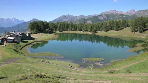 Panoramic view of the Lake of Lod, Chamois, Valtournenche, Aosta valley, Italy Stock Footage 161885649