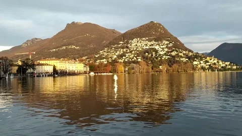 Panoramic view of Lake Lugano  from the lakeside promenade, Canton of Ticino, Stock Footage 150367005