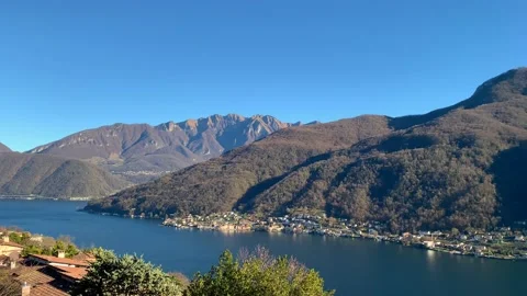 Panoramic View on Lake Lugano with Mountain in a Sunny Day in Morcote Vídeo Stock 191936095
