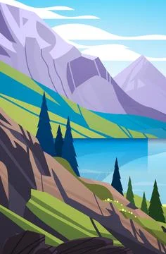 Panoramic view of lake in mountains raging mountain river beautiful nature Stock Illustration