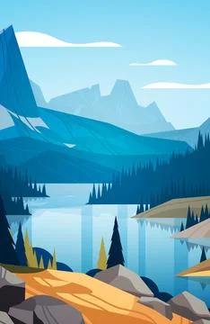 Panoramic view of lake in mountains raging mountain river beautiful nature Stock Illustration
