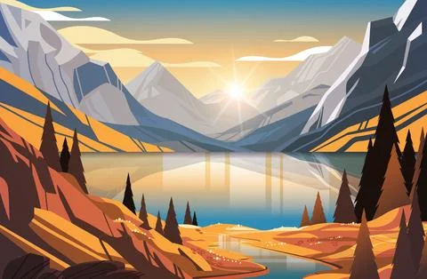 Panoramic view of lake in mountains raging mountain river beautiful nature Stock Illustration
