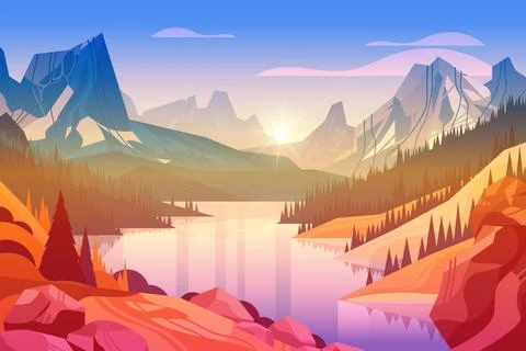 Panoramic view of lake in mountains raging mountain river beautiful nature Stock Illustration