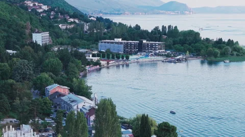 Panoramic view of Lake Ohrid, drone footage Stock Footage 345263646