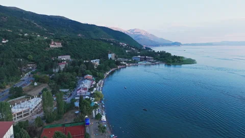 Panoramic view of Lake Ohrid, drone footage Stock Footage 345263785
