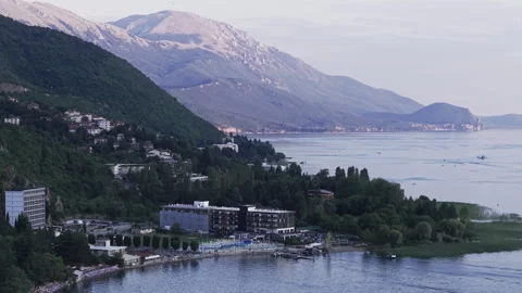 Panoramic view of Lake Ohrid, drone footage Stock Footage 345263874