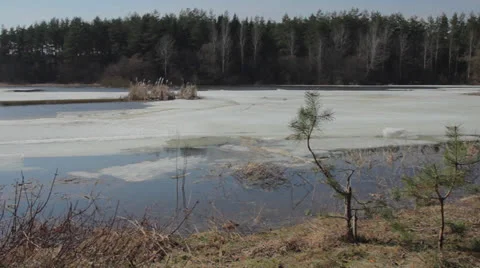 Panoramic view of the lake in spring with ice and snow. Stock Footage 24406764