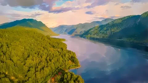 Panoramic view of Lake Teletskoye, Climbing to the clouds. Watercolor illustr Stock Illustration