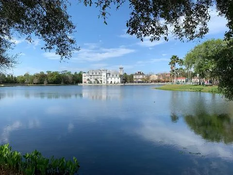Panoramic view of the lakeside resort Stock Photos
